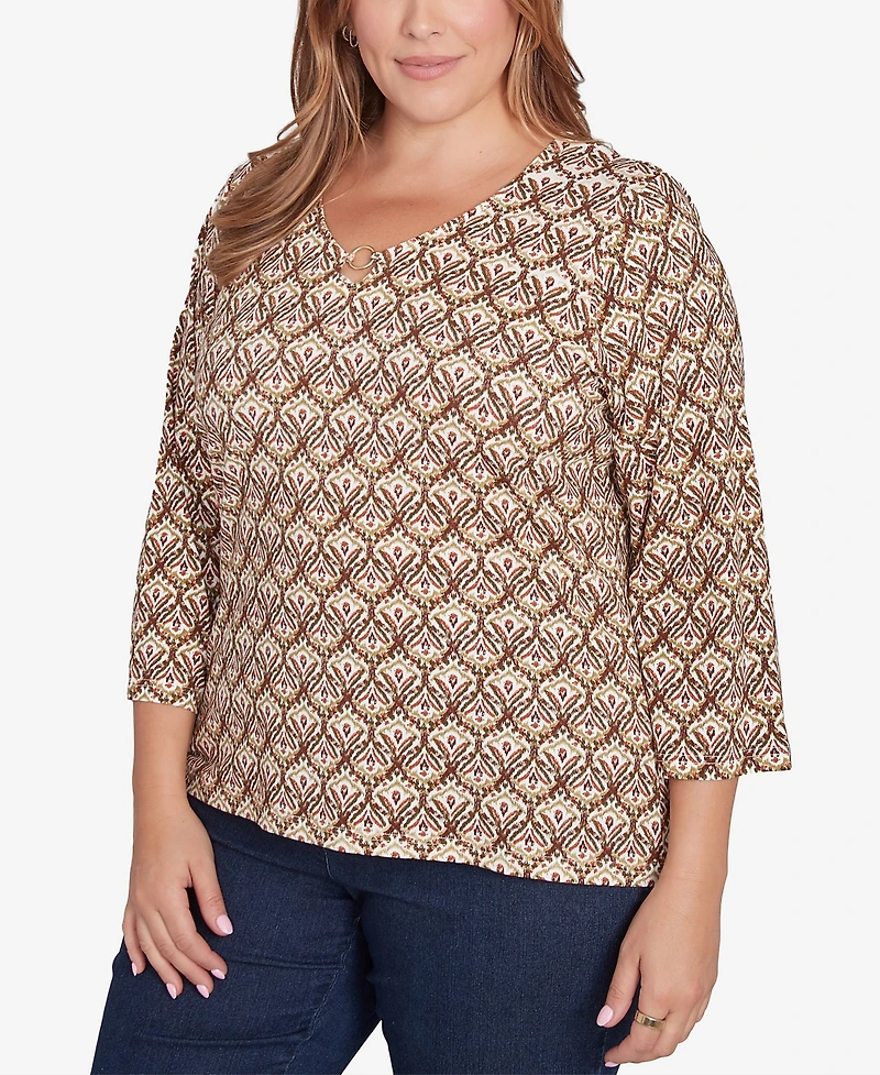 Hearts Of Palm Plus Size Spice It Up Printed 3/4 Sleeve Top