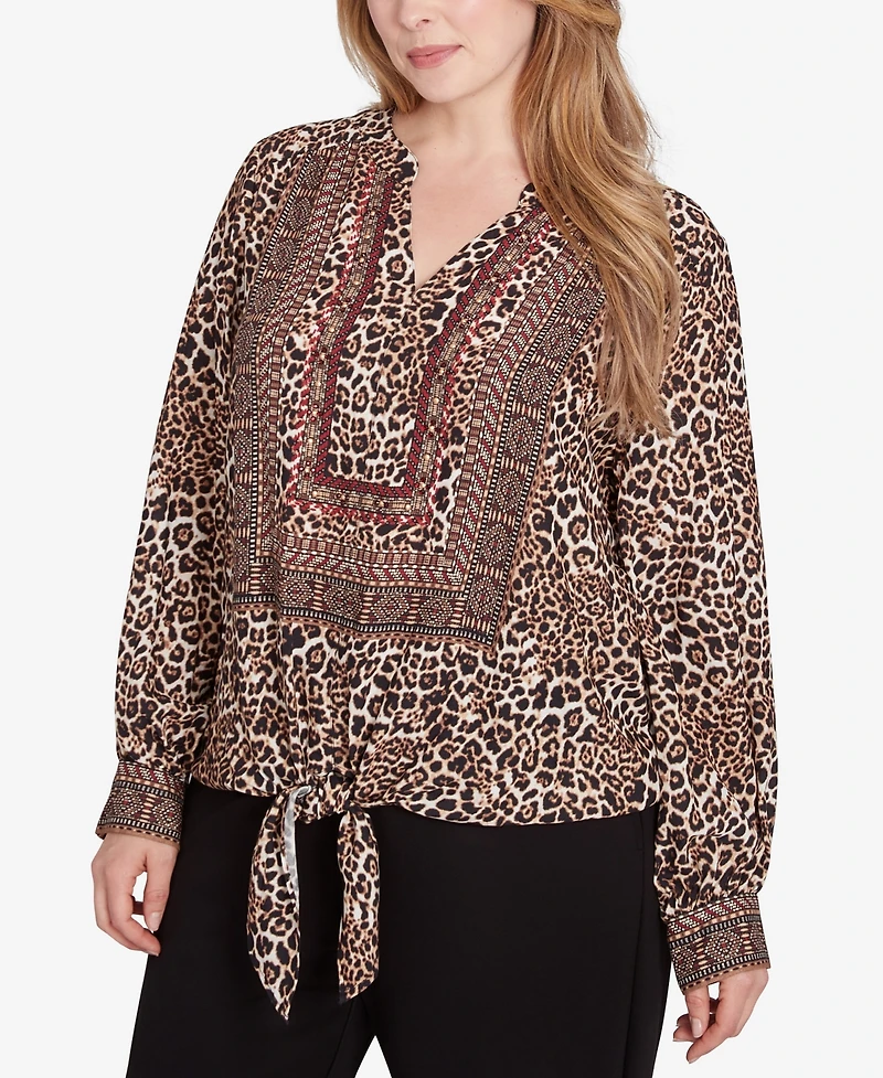 Ruby Rd. Plus Split Neck Embellished Animal Placement Print Tie Front Top
