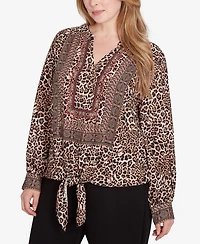 Ruby Rd. Plus Split Neck Embellished Animal Placement Print Tie Front Top