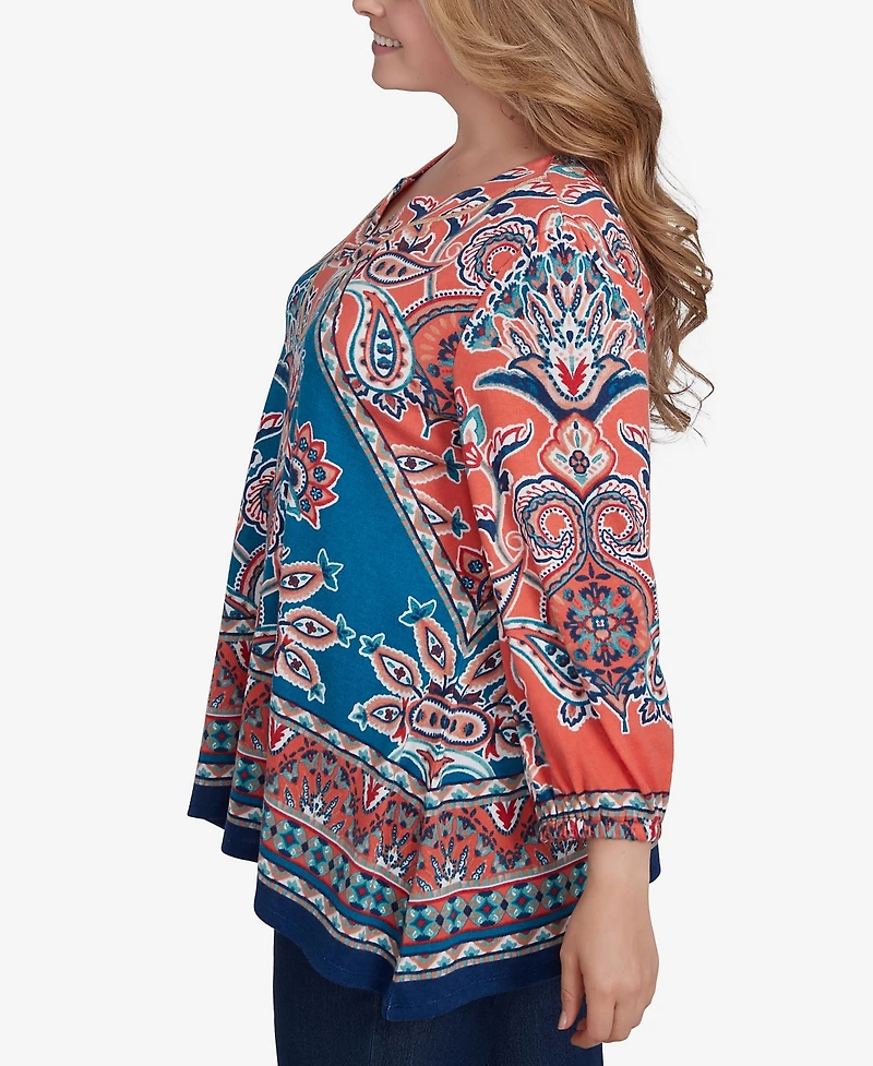 Ruby Rd. Plus Size Embellished Split Neck Baroque Motif Printed Hatchi Knit Top