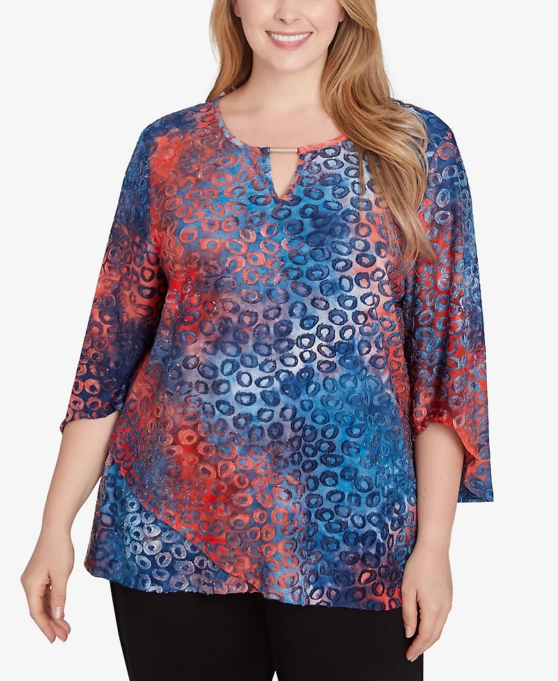 Ruby Rd. Plus Size Scoop Neck with Bar Detail Tie Dyed Spots Jacquard Knit Top