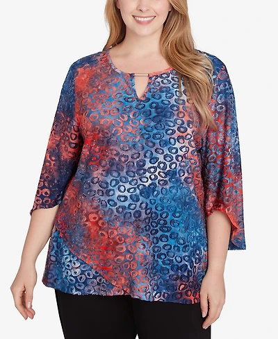 Ruby Rd. Plus Size Scoop Neck with Bar Detail Tie Dyed Spots Jacquard Knit Top