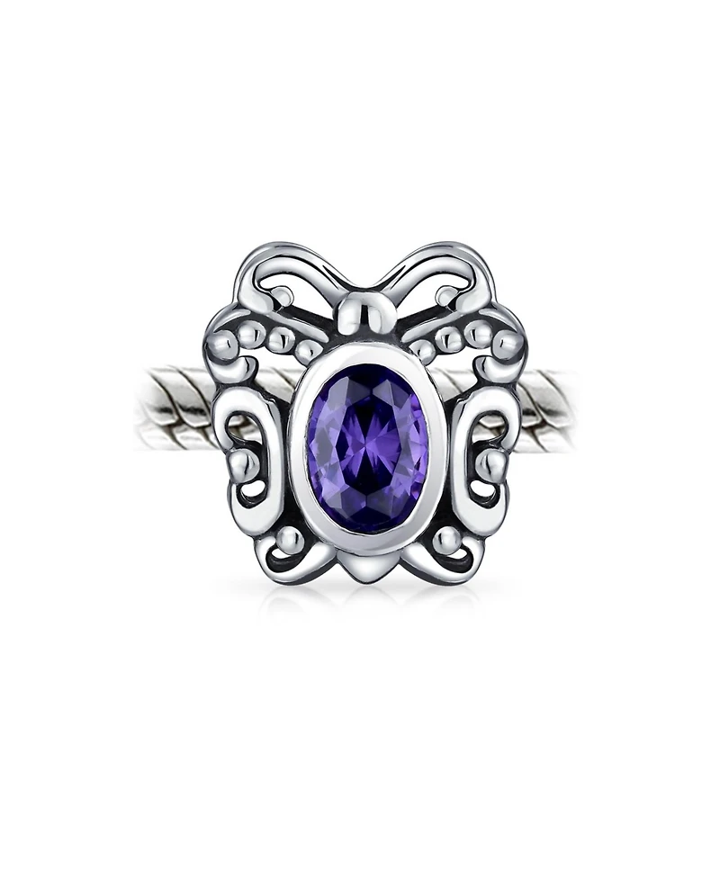 Bling Jewelry Purple Butterfly Cubic Zirconia Bead Purple Cz Charm Oxidized Sterling Silver European Bracelet
