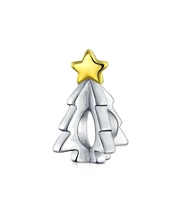 Bling Jewelry Festive Shining Star Decorated Holiday Christmas Tree Charm Bead Two Tone 14K Plated Oxidized Sterling Silver For Charm Bracelet