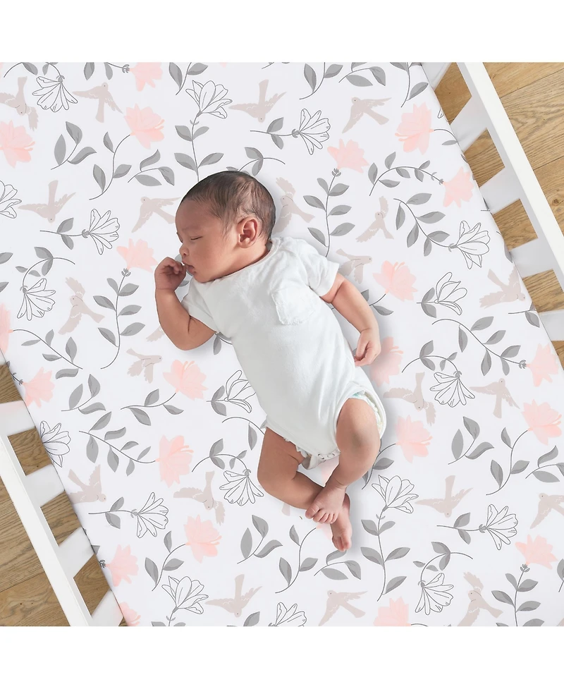 Lambs & Ivy Petals Gray/Pink Sateen Cotton Floral 3-Piece Baby Crib Bedding Set