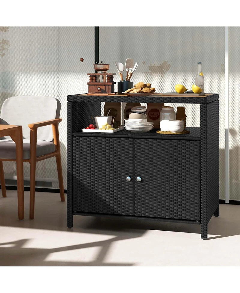 Patio Rattan Storage Cabinet with Acacia Wood Countertop Open Shelf 2 Door