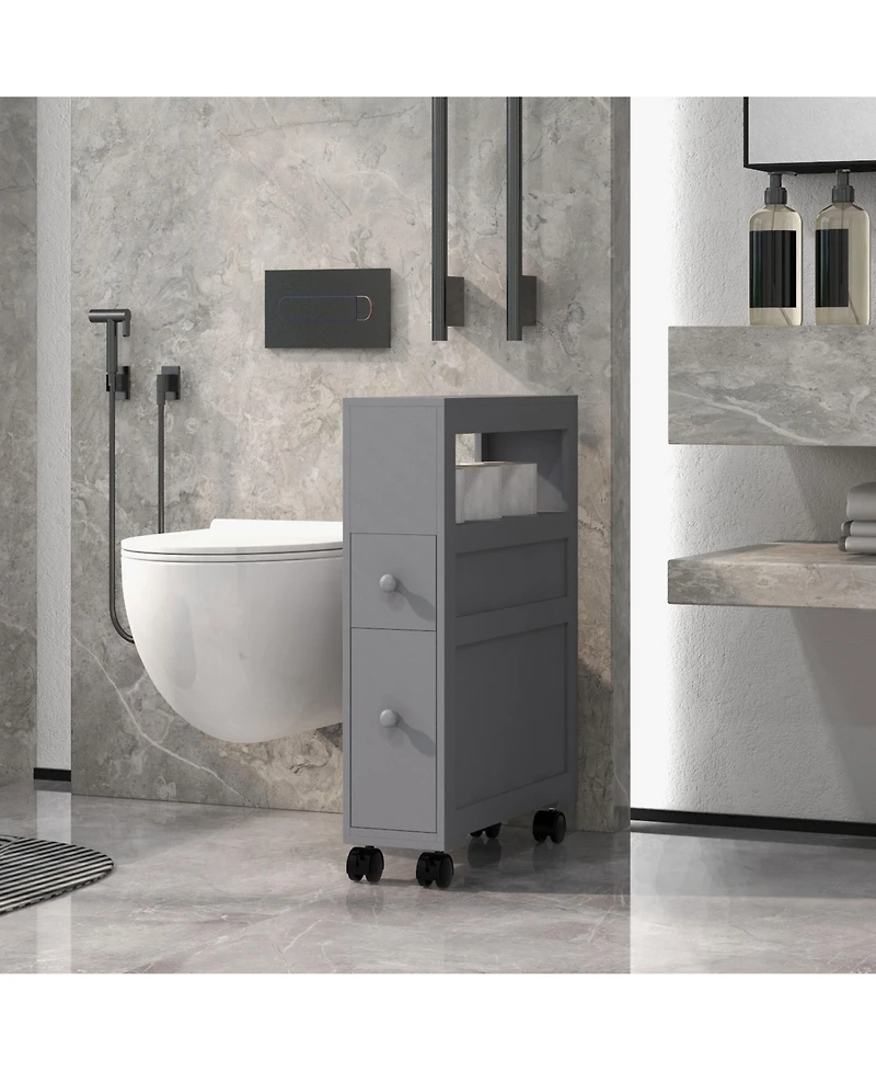 6.25" x 20.5" x 28.25" Wood Rolling Narrow Bathroom Side Storage Cabinet - Gray