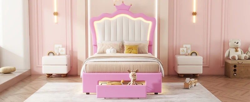 Streamdale Twin Upholstered Bed with Crown Headboard and Led Lights