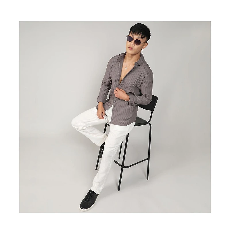 Men's Ash Grey Self-Design Striped Shirt