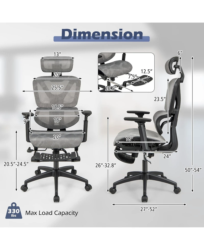 Vebreda Mesh Office Chair with Tilting Backrest and Retractable Footrest-Gray