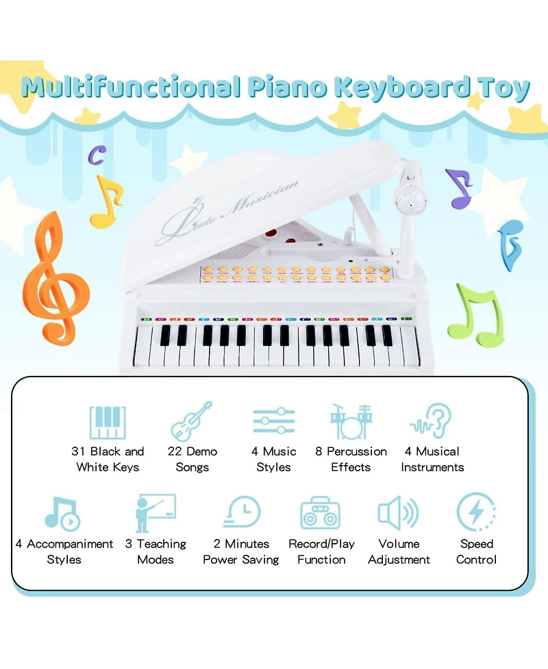 Vebreda 31 Keys Kids Piano Keyboard with Stool and Piano Lid-White