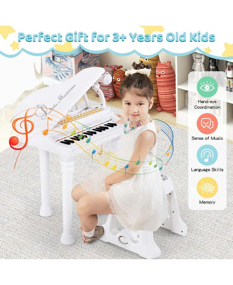 Vebreda 31 Keys Kids Piano Keyboard with Stool and Piano Lid-White