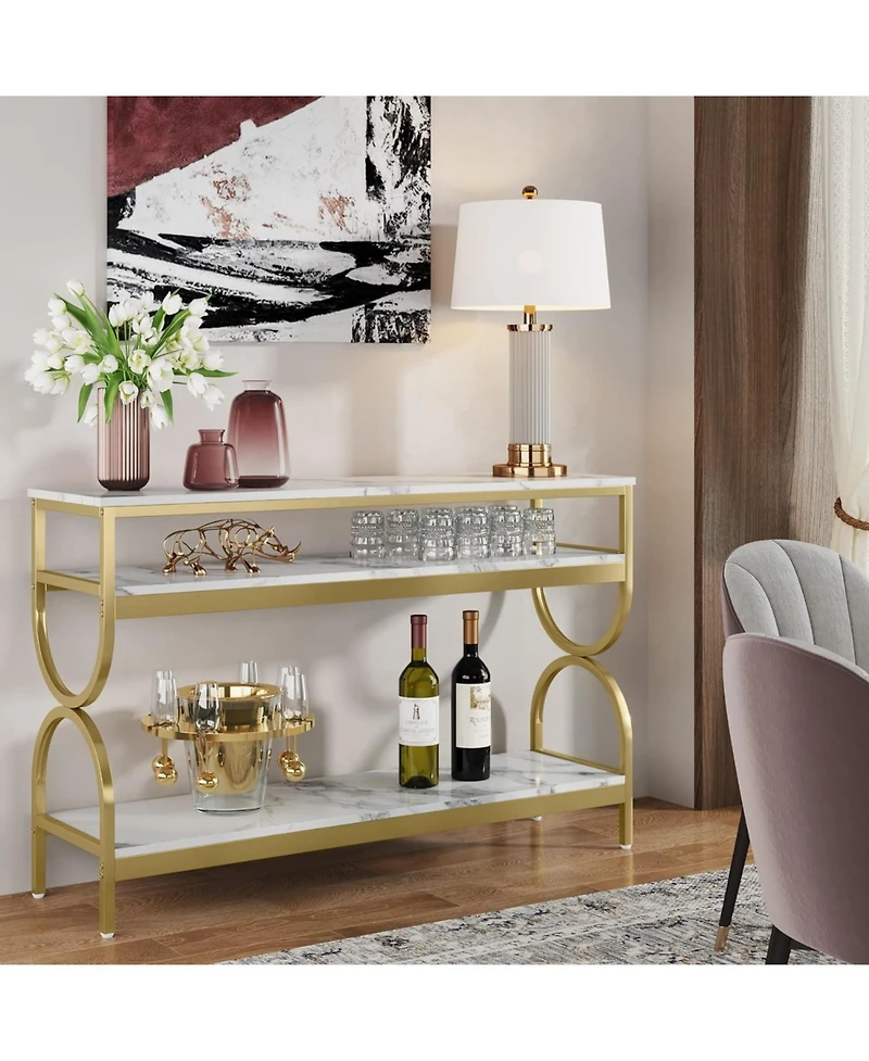 Tribesigns 3-Tier Console Table, 55 inch Sofa Table with Open Storage Shelves, Narrow Long Hallway/Entryway Table with Faux Marble Top, White & Gold