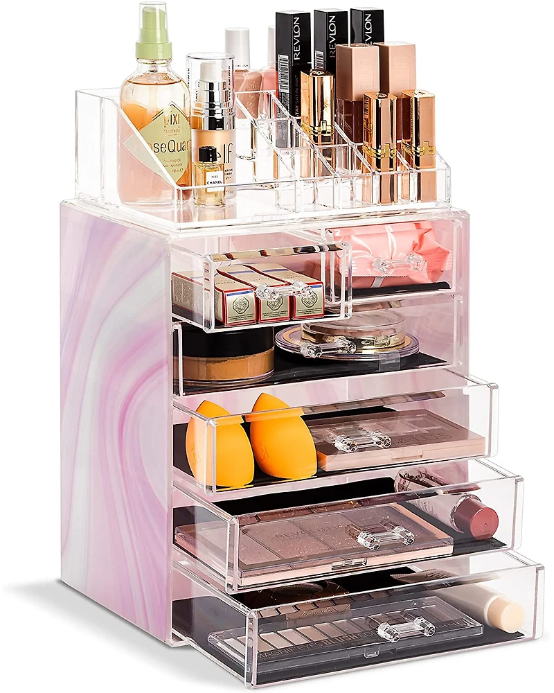 Sorbus 2 Piece Acrylic Makeup and Jewelry Storage Organizer Case (6 Drawers and Lipstick Tray) - Tie Dye Pink