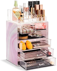 Sorbus 2 Piece Acrylic Makeup and Jewelry Storage Organizer Case (6 Drawers and Lipstick Tray) - Tie Dye Pink