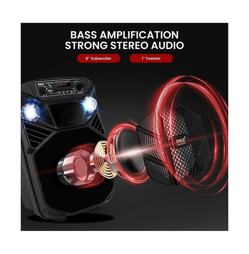 Pyle 8” Bluetooth Portable Pa Speaker with Party Lights, MP3/Usb/Fm Radio & Rechargeable Battery