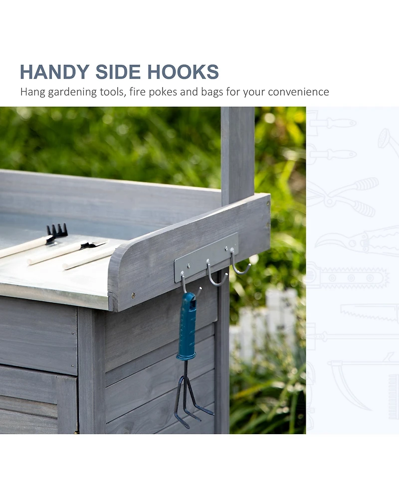 Outdoor Potting Table with Storage and Steel Top, Gray