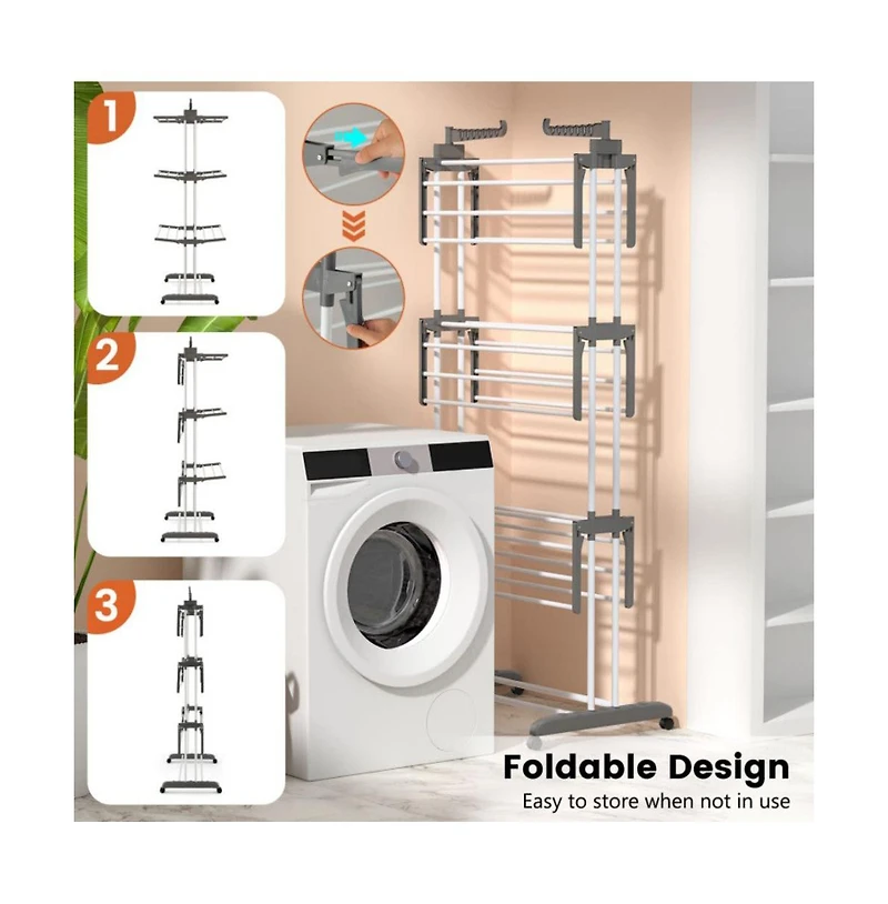 4-tier Clothes Drying Rack with Rotatable Side Wings and Collapsible Shelves-Gray