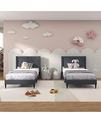 Sugift Twin Size Upholstered Platform Bed with Button Tufted Wingback Headboard-Blue