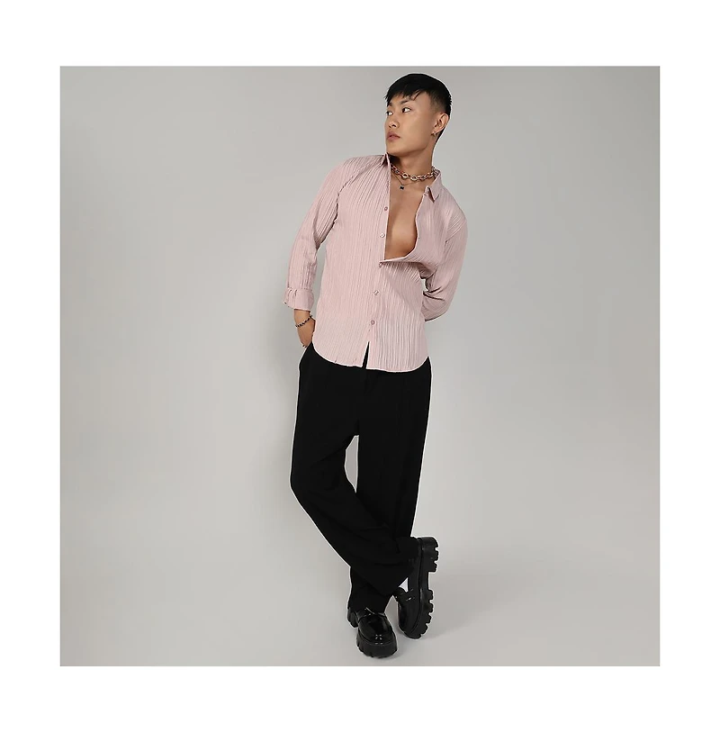 Men's Blush Pink Self-Design Striped Shirt