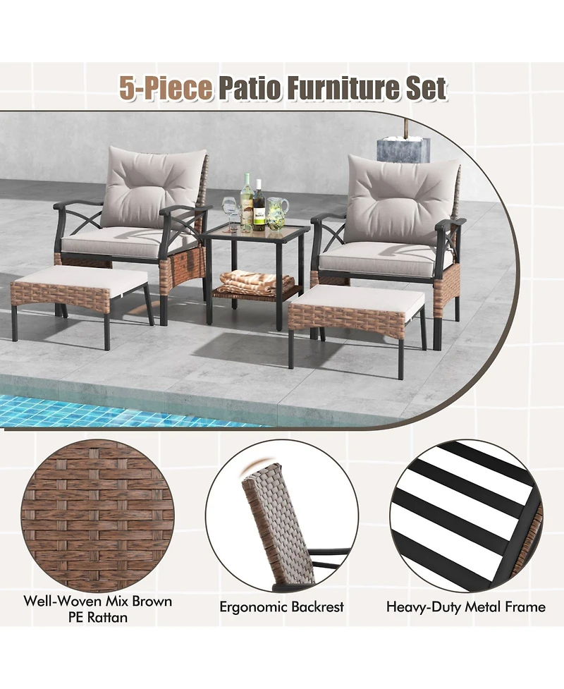 5 Pieces Wicker Patio Furniture Set Ottomans and Cushions and 2-Tier Tempered Glass Side Table-Brown