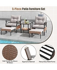 5 Pieces Wicker Patio Furniture Set Ottomans and Cushions and 2-Tier Tempered Glass Side Table-Brown