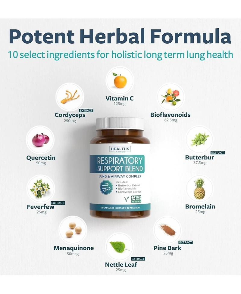 Respiratory Support Blend Capsules, Deep Lung Cleanse for Bronchial Health with Quercetin, Cordyceps, & Bromelain, Health's Harmony