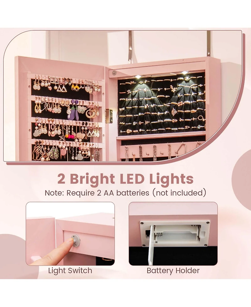 Mirrored Wall & Door Mounted Jewelry Cabinet Storage Organizer with Lights&Drawer