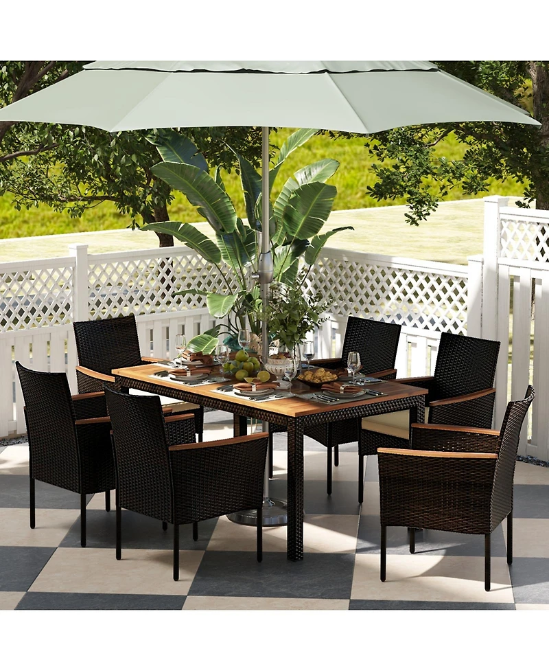 7 Pieces Rattan Patio Dining Set with Stackable Chairs and Umbrella Hole