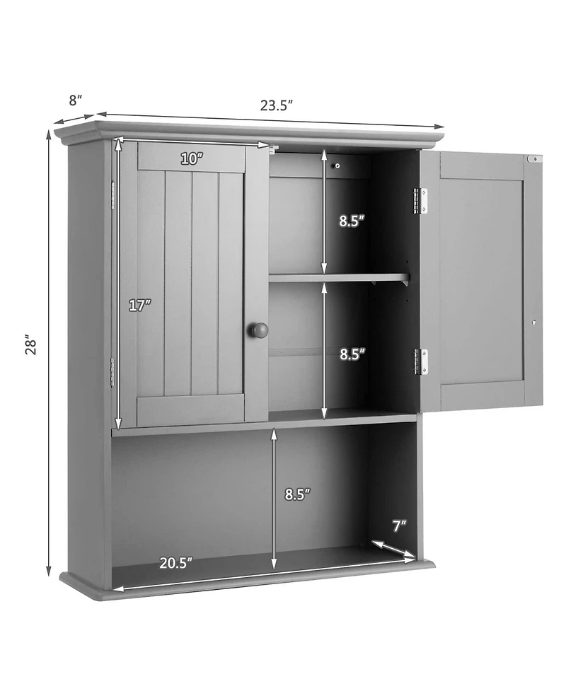 Wall Mount Bathroom Cabinet Storage Organizer with Doors and Shelves-Gray