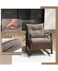 3 Pieces Outdoor Rattan Rocking Chairs Set with 2-Tier Side Table