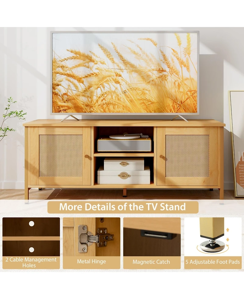 Skonyon Boho Tv Stand for Tv up to 55 Inches with Faux Rattan Door-Natural
