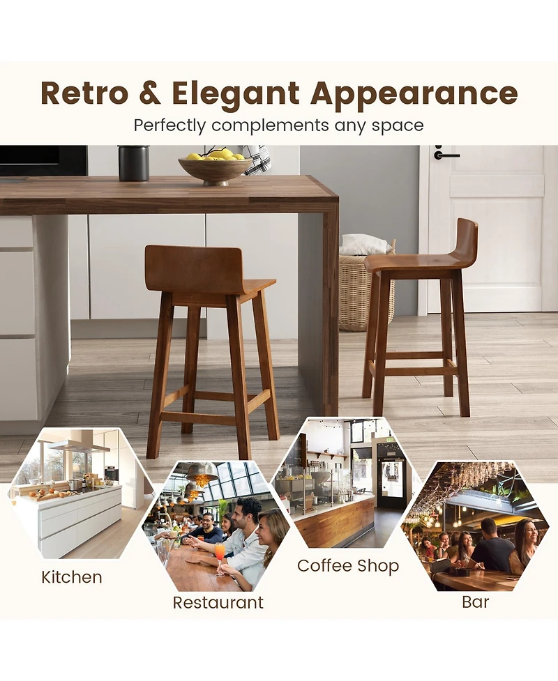 Sugift Wood Bar Stools Set of 2 with Solid Back and Seat