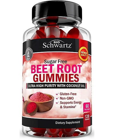 Sugar Free Beet Root Gummies - Nitric Oxide Beet Chews Infused with Coconut Oil for Highest Absorption - Supports Energy & Whole Body Health