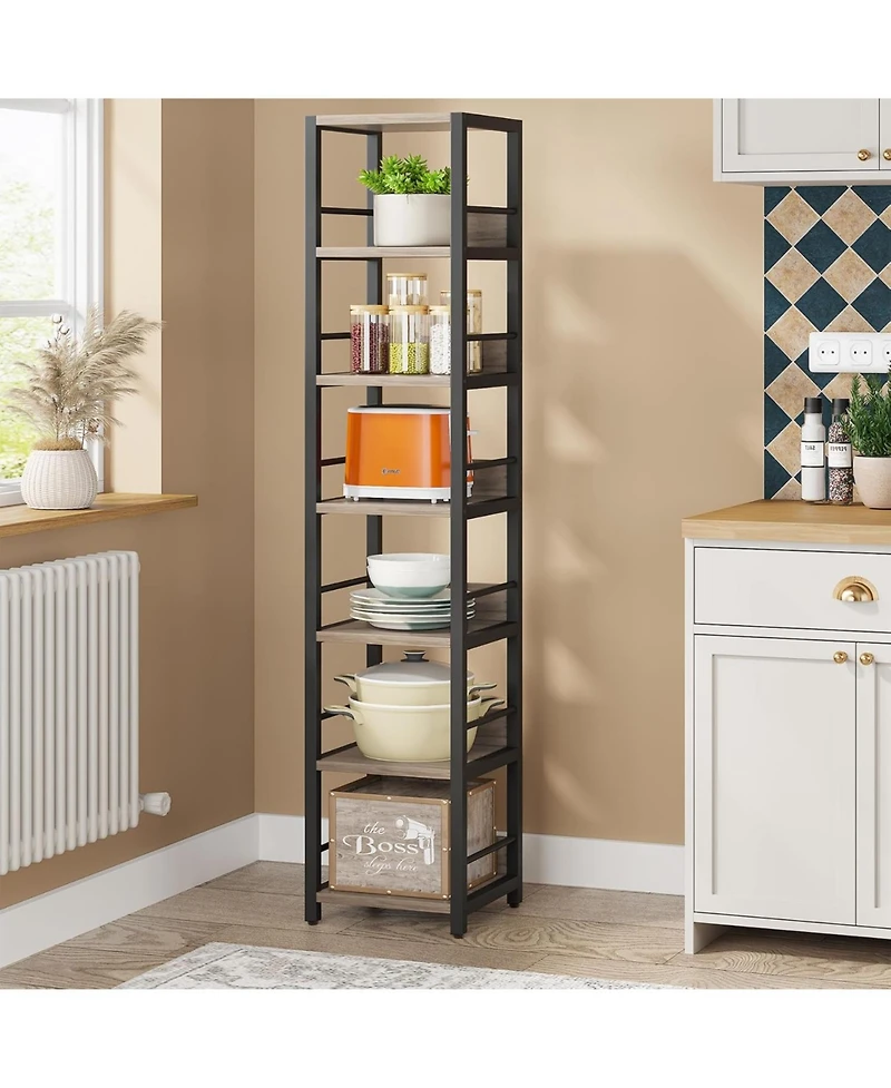 Tribesigns 6-Tier Corner Shelf Set of 2, 75 Inch Tall Narrow Bookshelf Storage Rack, Etagere Shelves Display Stand for Small Spaces, Rustic Open Bookc