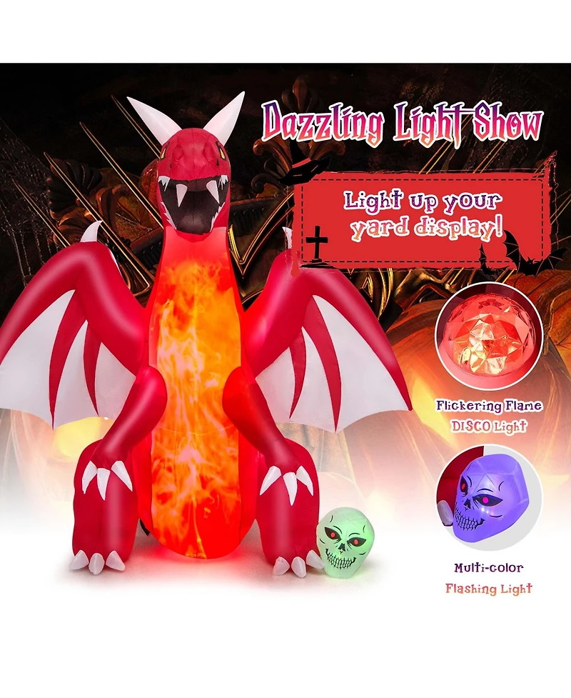 8 Ft Halloween Inflatable Red Dragon with Wings & Skull Holiday Decoration Light