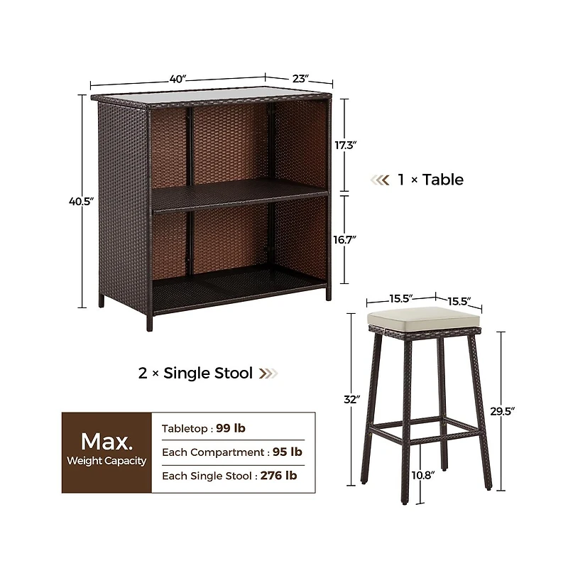 Yaheetech Rattan Wicker Patio Table and Two Stools