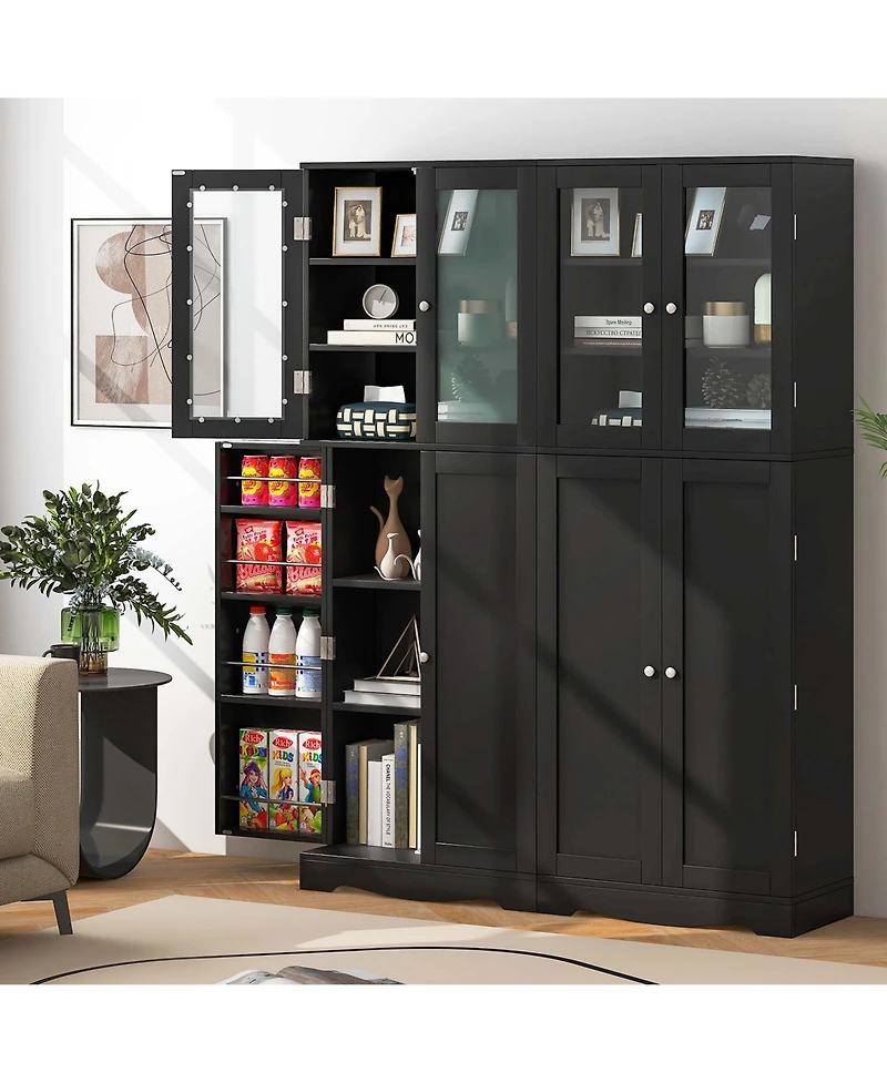 63.5" Tall Kitchen Pantry Storage Cabinet with Glass Door Shelves