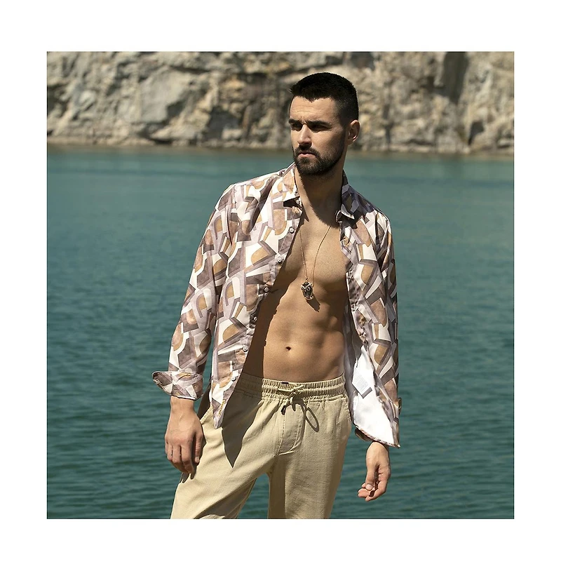 Men's Pale Yellow & Mocha Brown Abstract Block Shirt