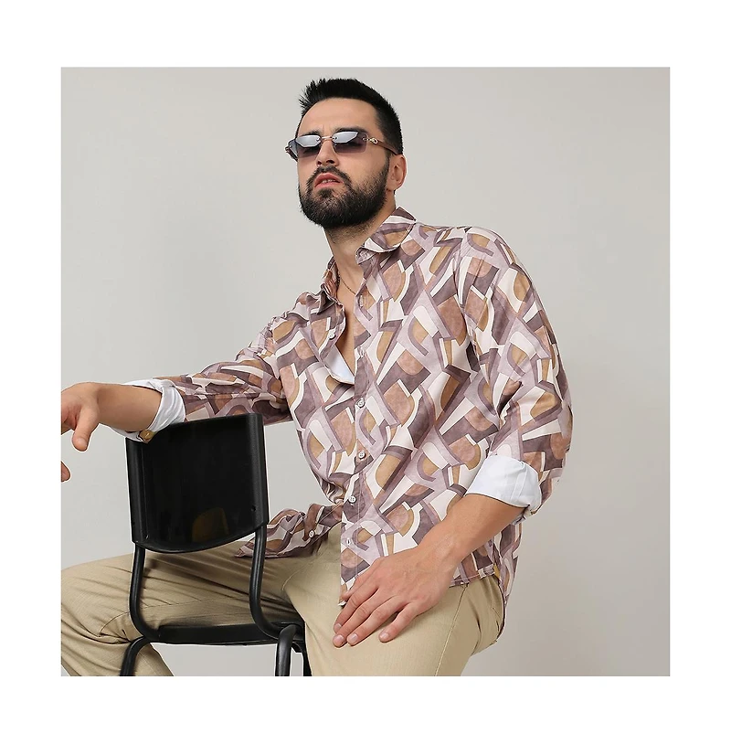 Men's Pale Yellow & Mocha Brown Abstract Block Shirt