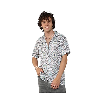 Men's Ivory White & Sage Green Ikkat Shirt