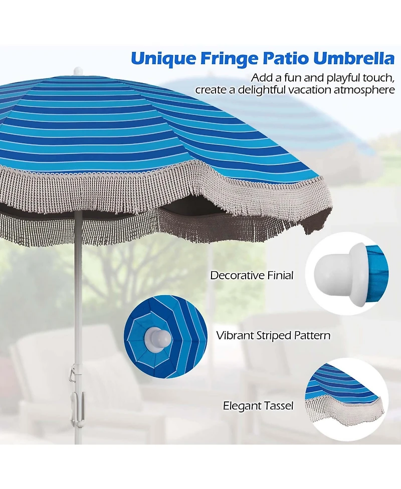 6.5 Ft Outdoor Fringe Patio Umbrella with Carrying Bag Push Button Tilt for Garden