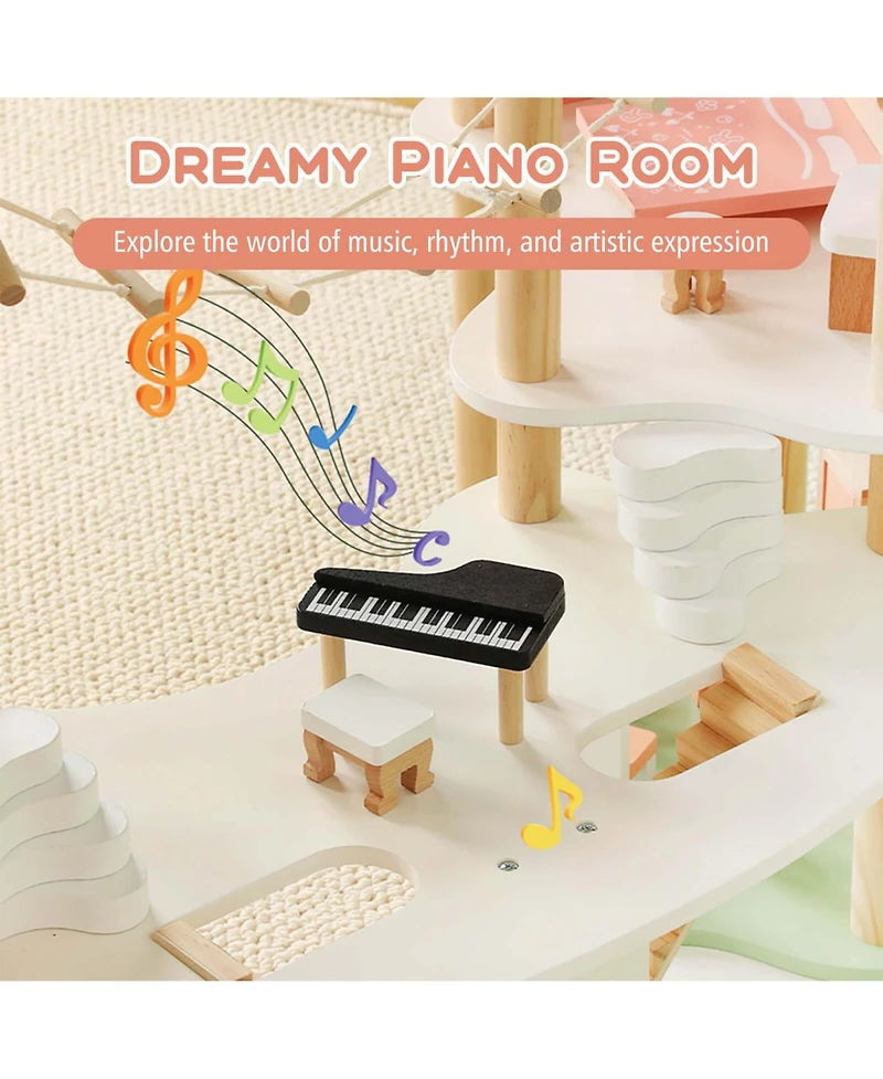 Kids Wooden Dollhouse Aged 3-8 Years Old with 32PCS Realistic Furniture Accessories