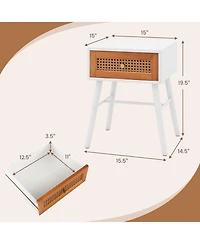 Rattan Nightstand Mid Century Modern Accent Table with Drawer