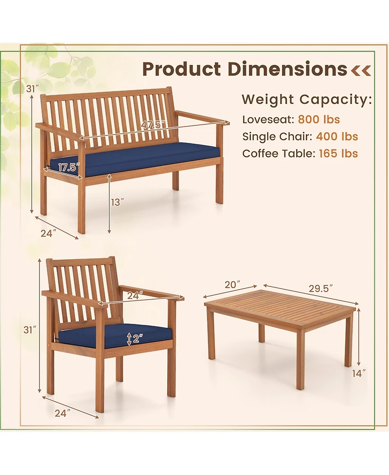 4 Pcs Patio Wood Furniture Set with Loveseat, 2 Chairs & Coffee Table for Porch