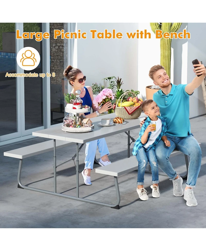 Costway Folding Picnic Table with Wood-like Tabletop, Umbrella Hole, 2 Benches for 8 Person
