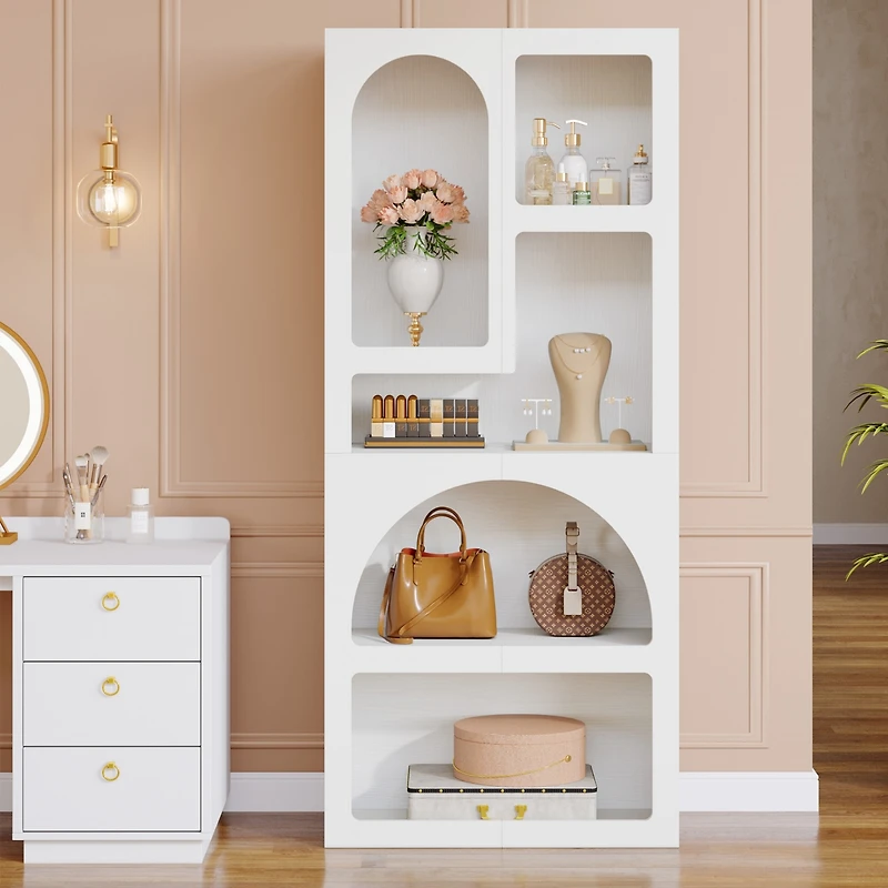 Tribesigns 70" Tall Geometric Bookshelf Set of 2, White Arched Bookcase with 5 Irregular Storage Shelves, Modern Open Art Decor Display Shelf