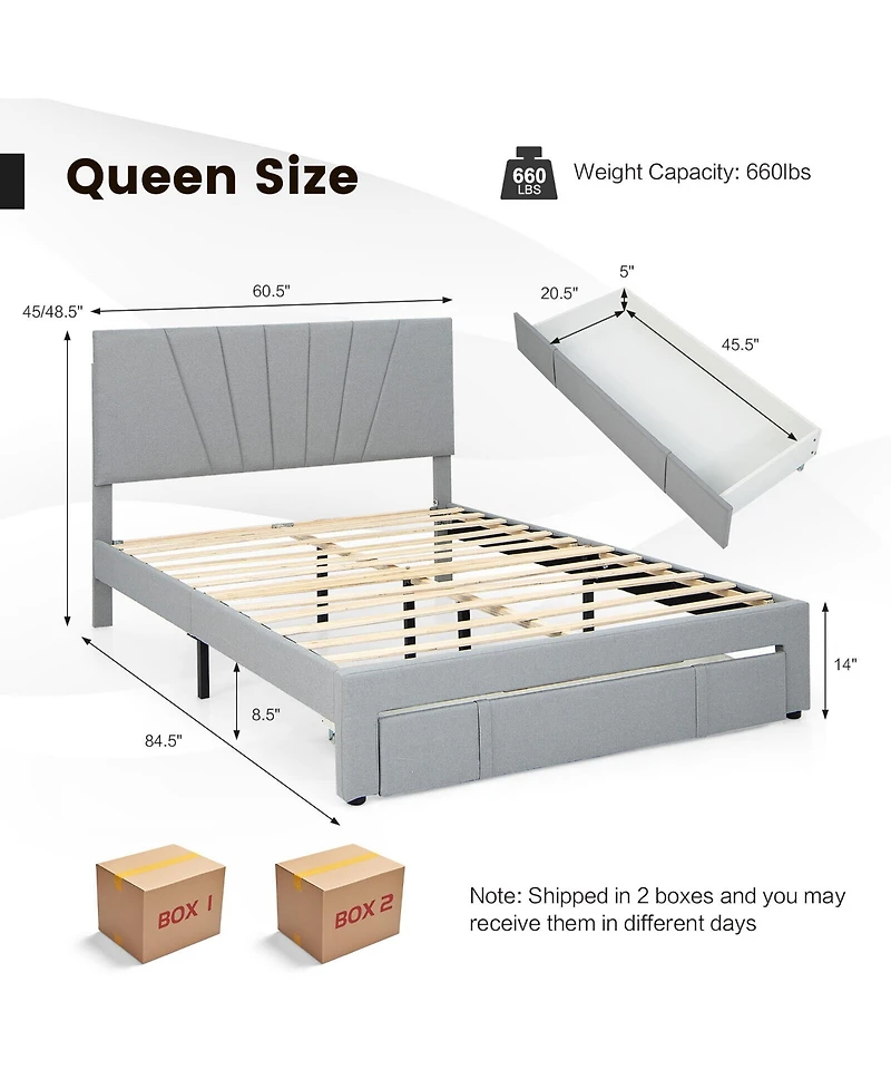 Gymax Queen Upholstered Bed Frame Platform with Drawer & Adjustable Headboard Grey