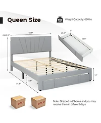 Gymax Queen Upholstered Bed Frame Platform with Drawer & Adjustable Headboard Grey