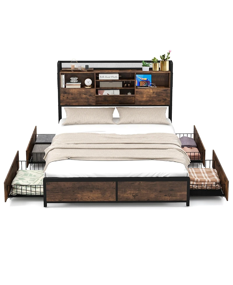 Gymax Queen Size Bed Frame w/ Bookcase Headboard & 4 Storage Drawers Vintage Brown